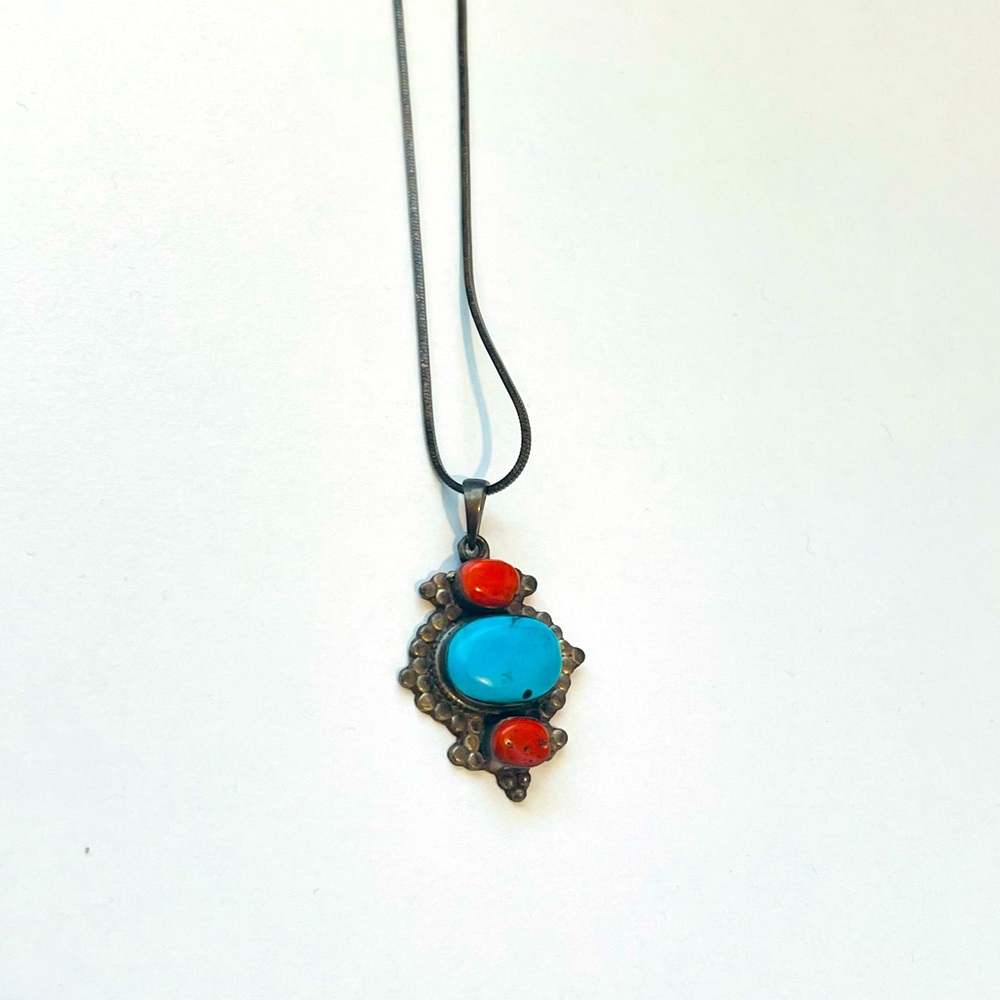 Tribal Blue & Red Turquoise Pendant Necklace